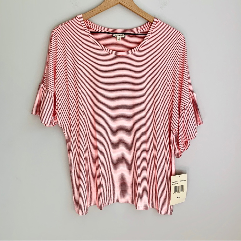 NWT Self Esteem Red Striped Ruffle Sleeve Top